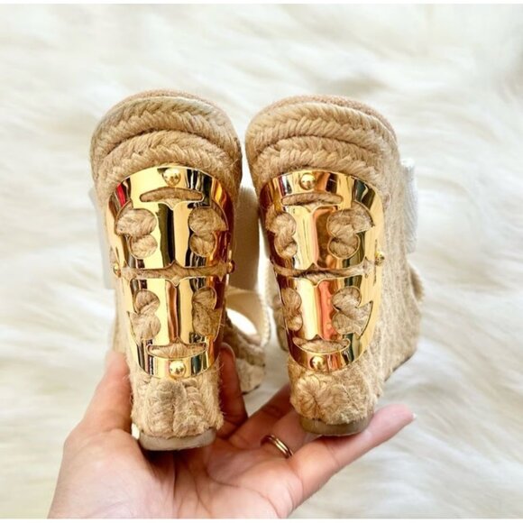 Tory Burch Kristen Brown Canvas Espadrille Wedge Sandals | Gold Logo Heel | 8.5 - Picture 1 of 10